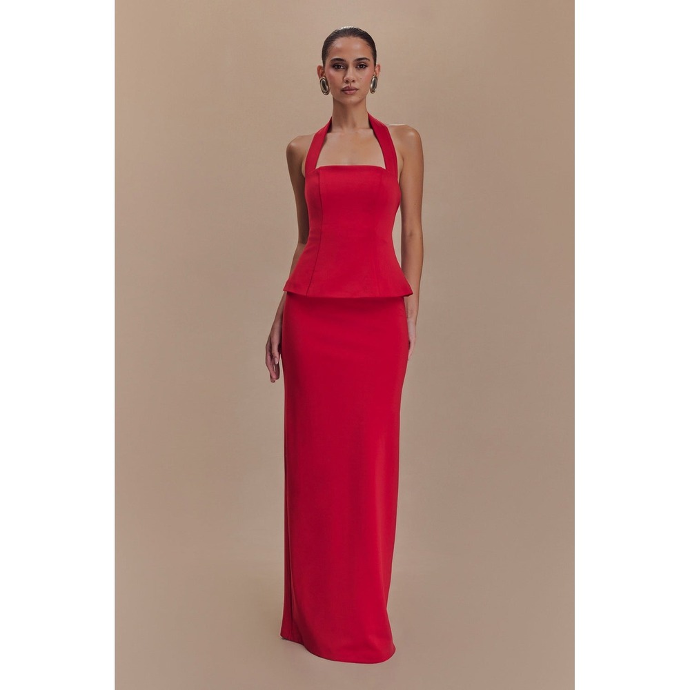 MESHKI Ruby Red Peplum Halter Maxi Dress Formal Evening Gown Size M